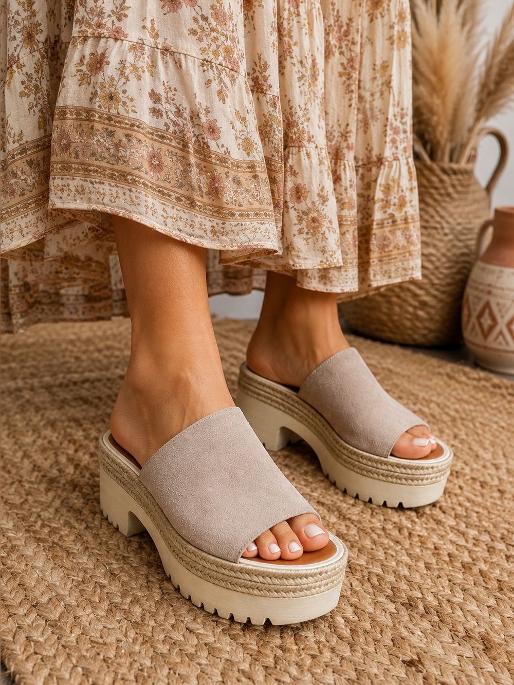 Aquatalia Whitney Platform Slides Stone Suede Espadrille Sandals Size 9M